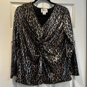 Andrea Jovine Leopard print twist front v-neck shimmery long sleeve shirt